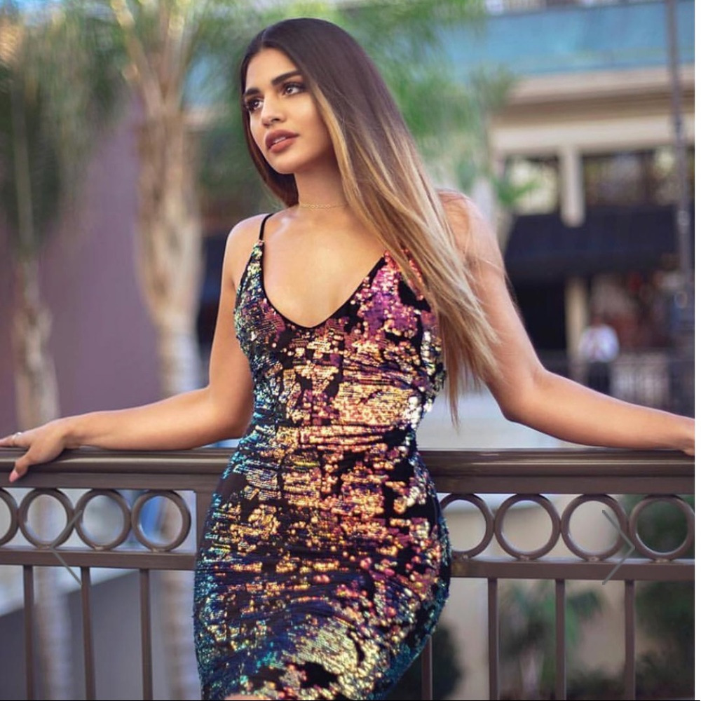 Rainbow iridescent reversible sequins mini dress